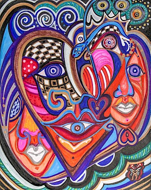 faces masks hearts colorful abstract art
