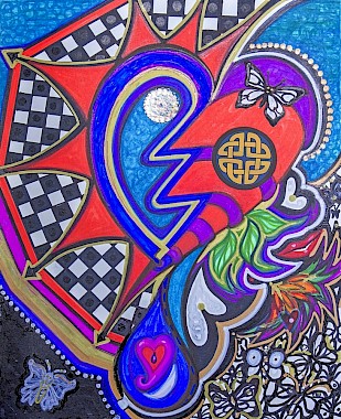 checker hearts butterflies colorful contemporary art