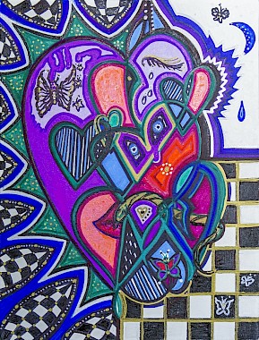 checker hearts butterflies colorful original art