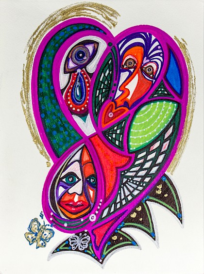 faces hearts butterflies colorful abstract artwork