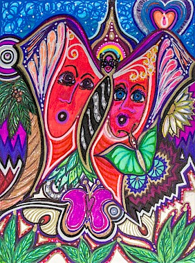 faces butterflies colorful contemporary art