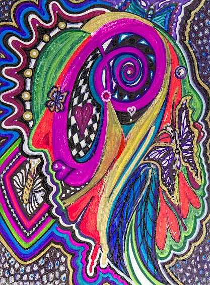 feathers face butterflies colorful abstract art