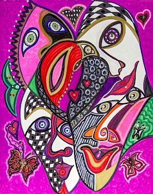 checker faces butterflies hearts colorful original artwork