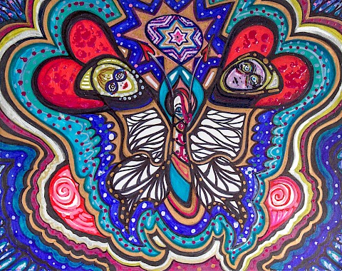 faces hearts butterfly colorful contemporary artwork