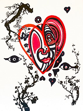 black white red hearts face original artwork